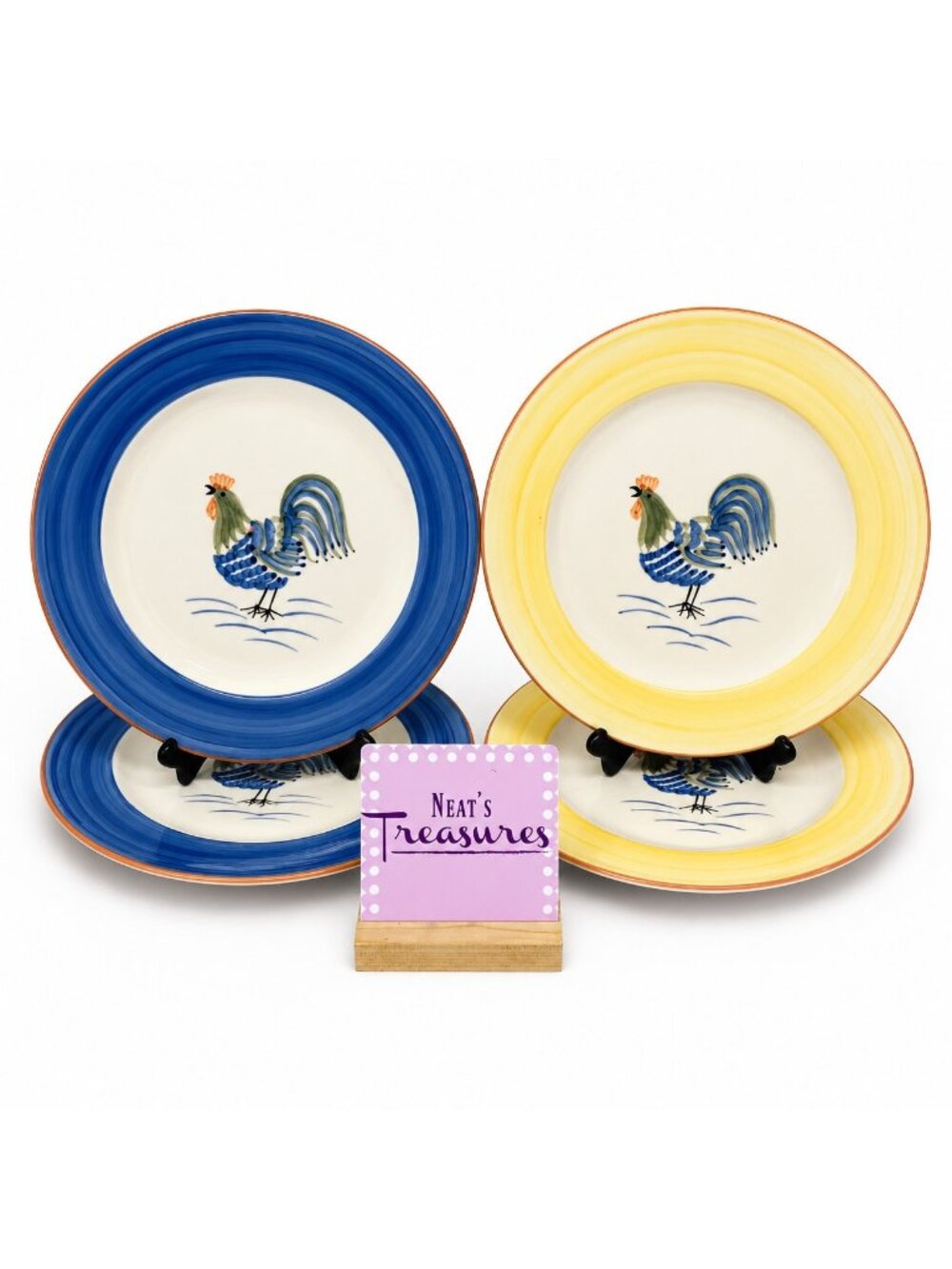 Tabletops Unlimited ROOSTER GLORY Yellow Blue Band Stoneware Dinner Plates Set 4